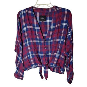Rails Women Size‎ Large Sloane Red Blue Plaid Tie Front V Neck Cropped Top Shirt
